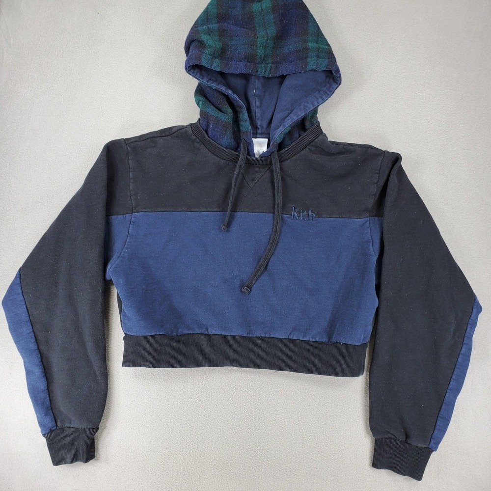 Kith Hoodie Women M Black Blue Plaid Hood Cropped Colorblock Embroidered Logo